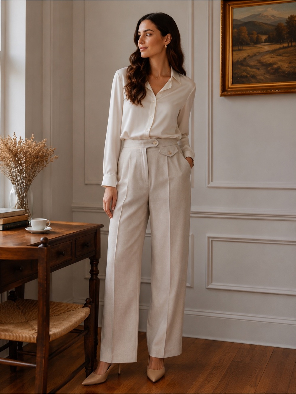 Vintage JH Collectibles Linen Blend High Waist Trousers Cream USA Small